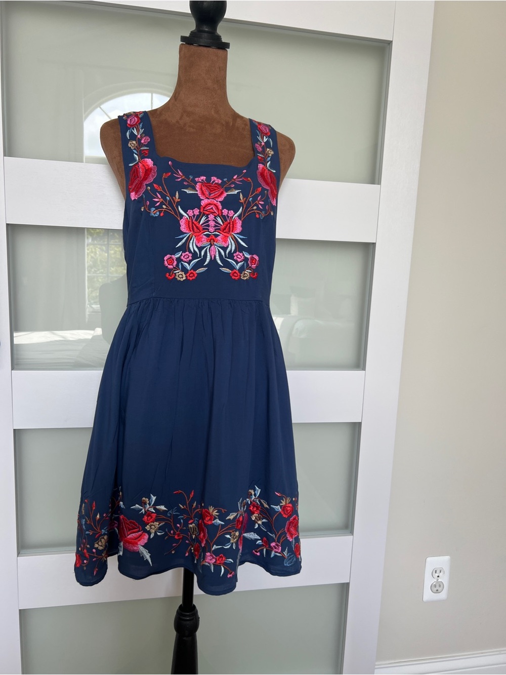 Navy Floral Embroidered Sleeveless Dress – Boho Artisan Style